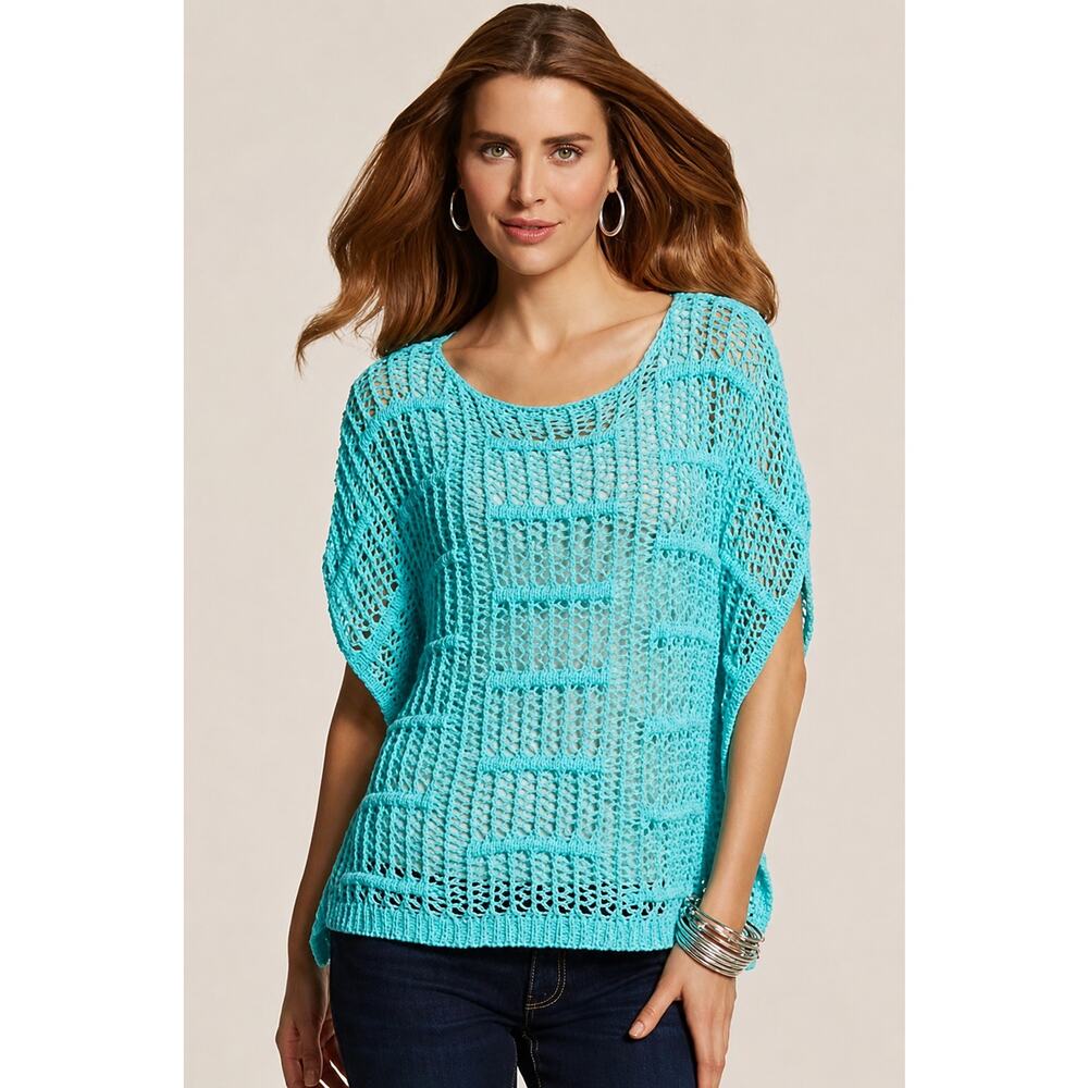 Chicos Mesh Stitch Elsie Pullover Poncho Sweater Large 12 Aqua Breeze Boho Beach